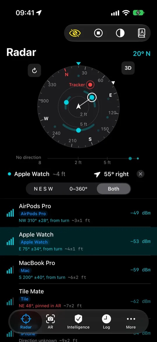 SigScan radar screen with devices placed around the user by distance and direction.
