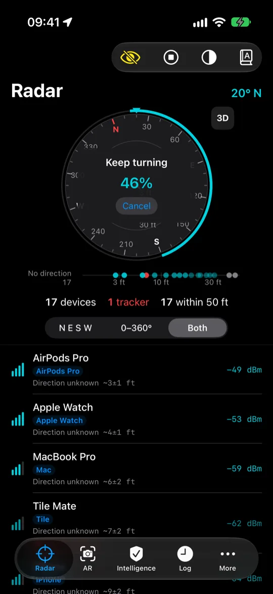 Turn scan in progress: a band around the radar fills as the user turns, at 46 percent.