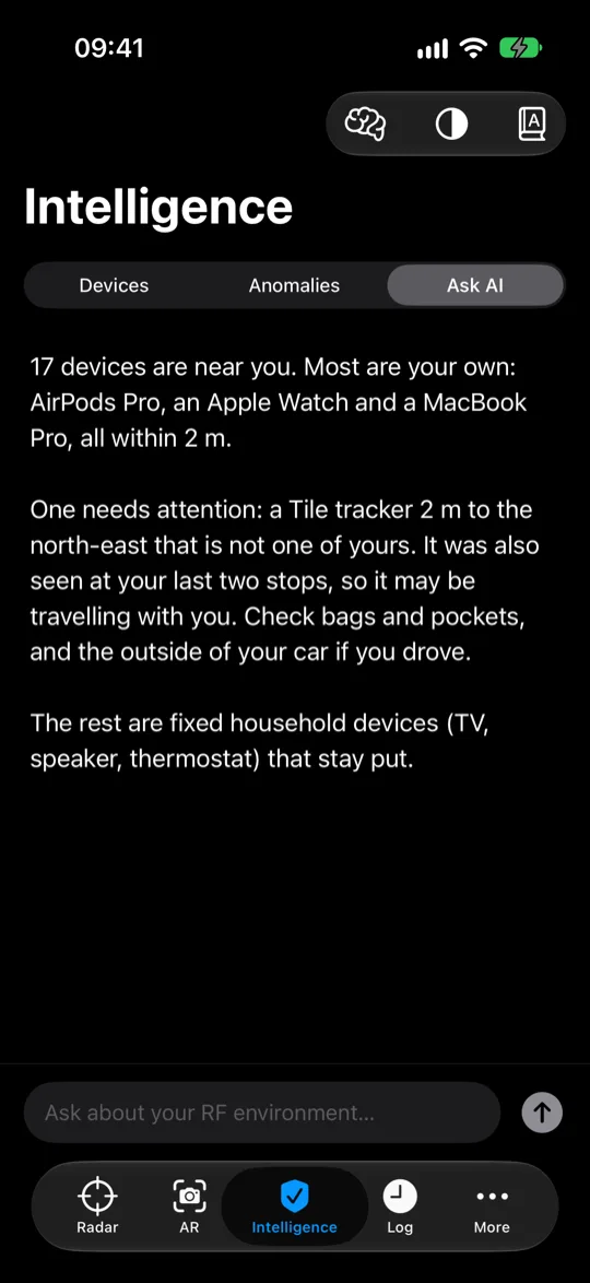 Ask AI answer summarizing 17 nearby devices and pointing out one tracker that is not the user&rsquo;s own.