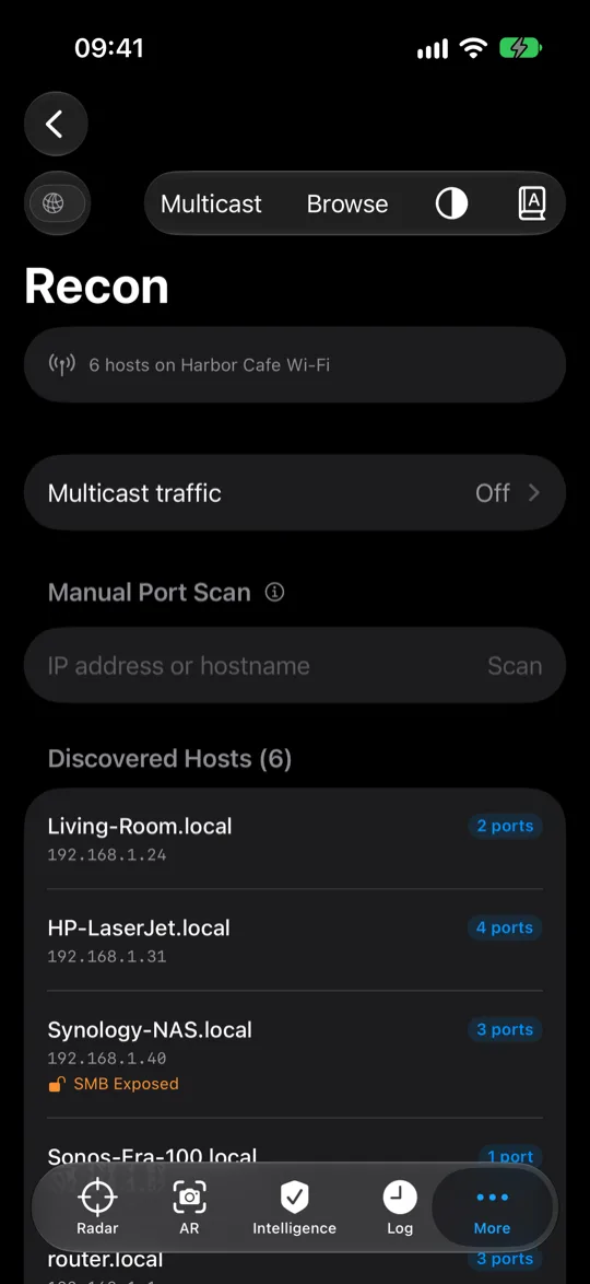 Recon screen listing hosts on the joined Wi-Fi network with their open ports.